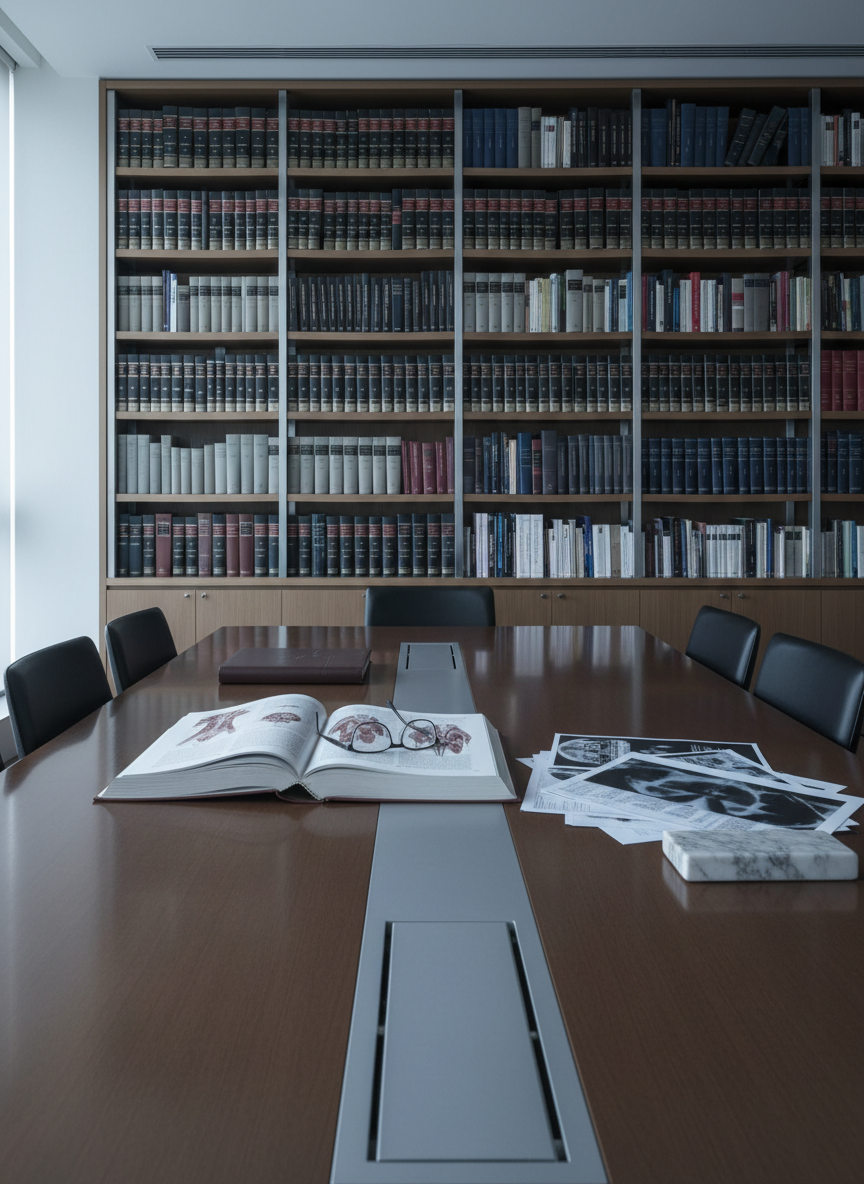 A polished conference table in a contemporary law office, carefully arranged with a thick open medical textbook, a pair of sleek reading glasses folded on top, and a set of organized printed charts and radiology images with sensitive data artistically blurred. In the background, floor-to-ceiling shelves filled with neatly ordered legal and medical reference books line the wall. Cool, diffused natural light from unseen windows softly illuminates the pages and the glossy surface of the table, creating faint reflections. Shot from a slightly elevated angle in photographic realism, with a balanced composition that suggests orderly analysis, rigorous expertise, and a calm, methodical atmosphere ideal for médico-legal consultation and expert reports.