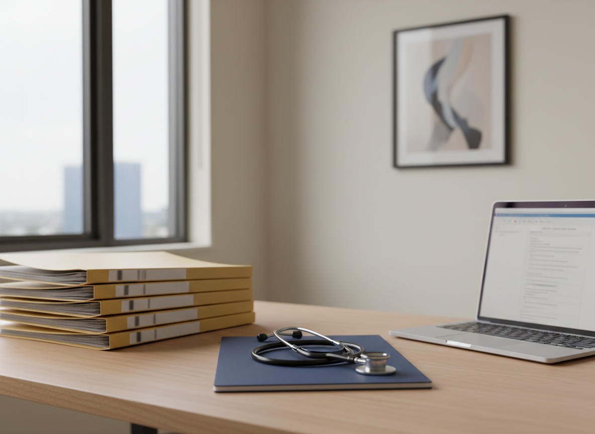 A clean, modern office desk arranged for médico-legal consulting work, featuring a neatly stacked pile of case files with discreet labels, a high-quality stainless steel stethoscope resting across a dark blue legal pad, and an open laptop displaying a blurred-out medical report. The desk surface is a smooth light oak, positioned near a large window in a minimalist office with neutral walls and a single abstract framed print. Soft daylight streams in, creating gentle reflections on the metal stethoscope and subtle shadows from the documents. Photographic realism, eye-level composition with shallow depth of field, focusing sharply on the stethoscope and files while the background fades into a calm, professional blur, conveying trust, precision, and confidentiality.